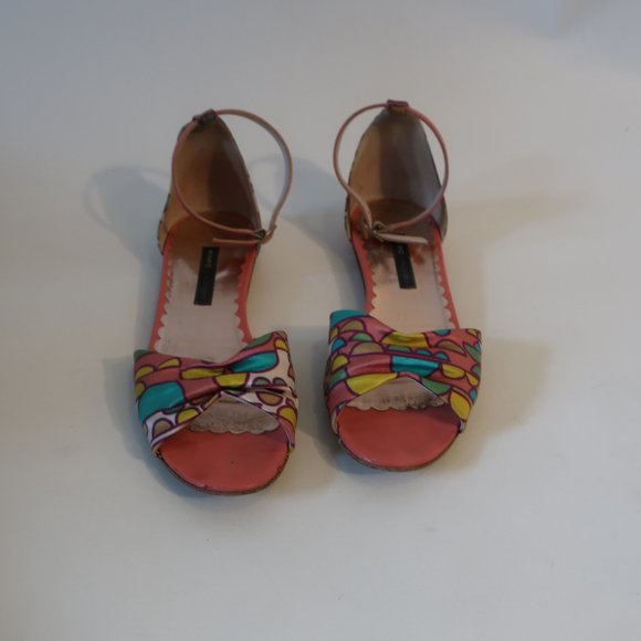 Womens Marc Jacobs Roxy Satin Pink Multi Ankle Strap Peep Toe Flats 7 - Picture 1 of 8
